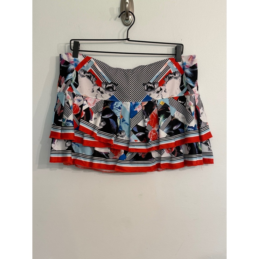 Lucky in Love Womens XL Red Floral Striped Tiered Ruffle Tennis Skort Pickleball